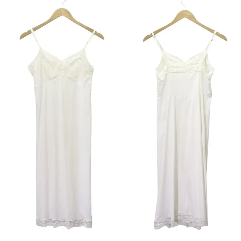 Vintage White Nylon Full Slip Lace Trim Adjustable Straps 1950s Era Lingerie